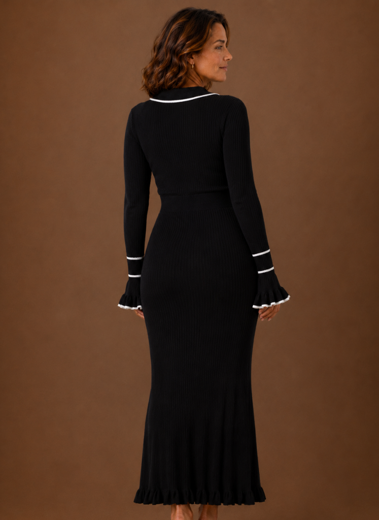 Eugénie – Robe Pull Longue Maille Côtelée Femme Col Polo