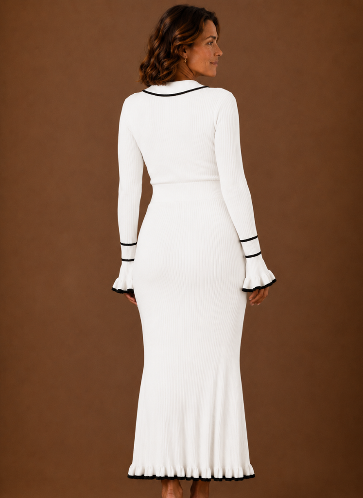Eugénie – Robe Pull Longue Maille Côtelée Femme Col Polo