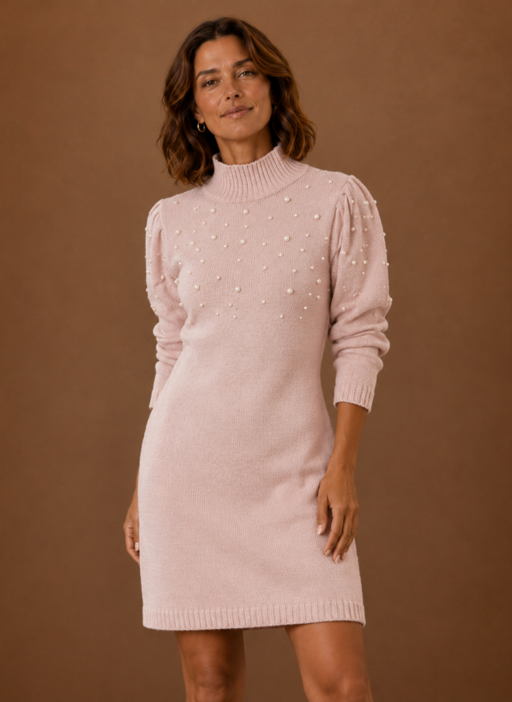 Perle – Robe Pull Col Montant Femme Ornée de Perles