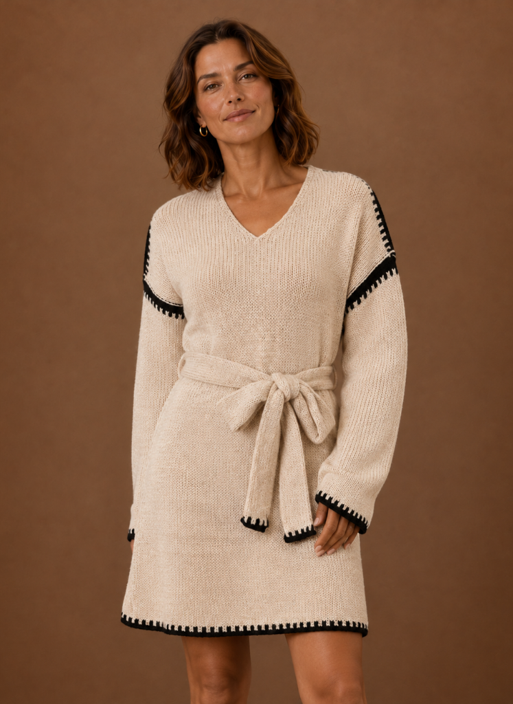 Céleste – Robe Pull Col V Ceinturée Femme