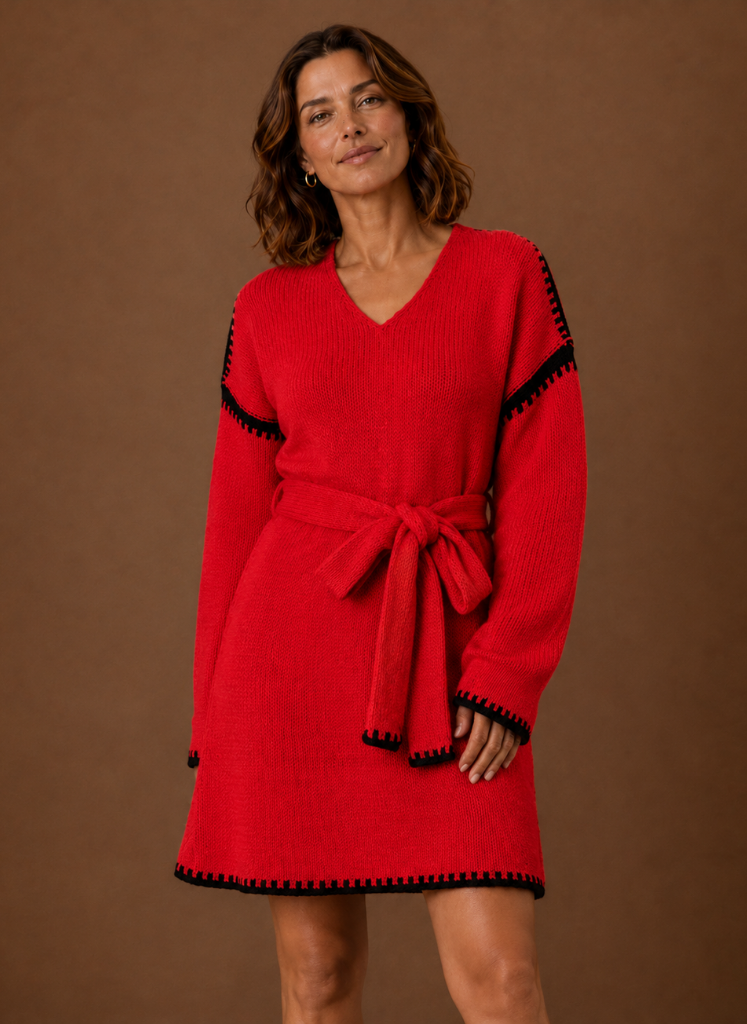 Céleste – Robe Pull Col V Ceinturée Femme