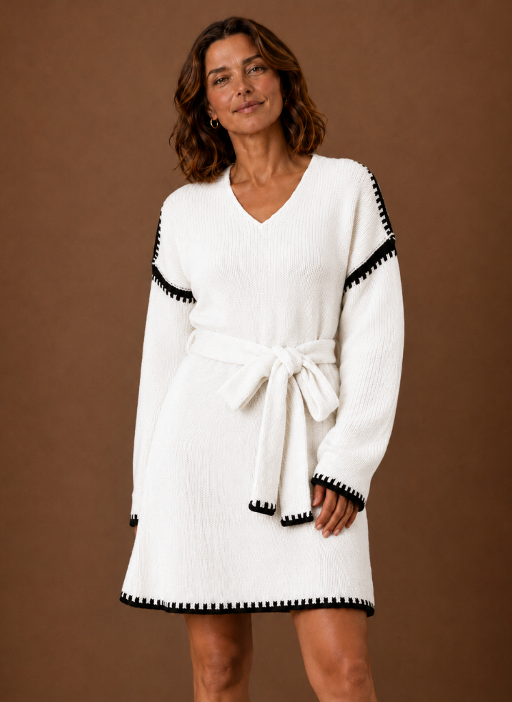 Céleste – Robe Pull Col V Ceinturée Femme