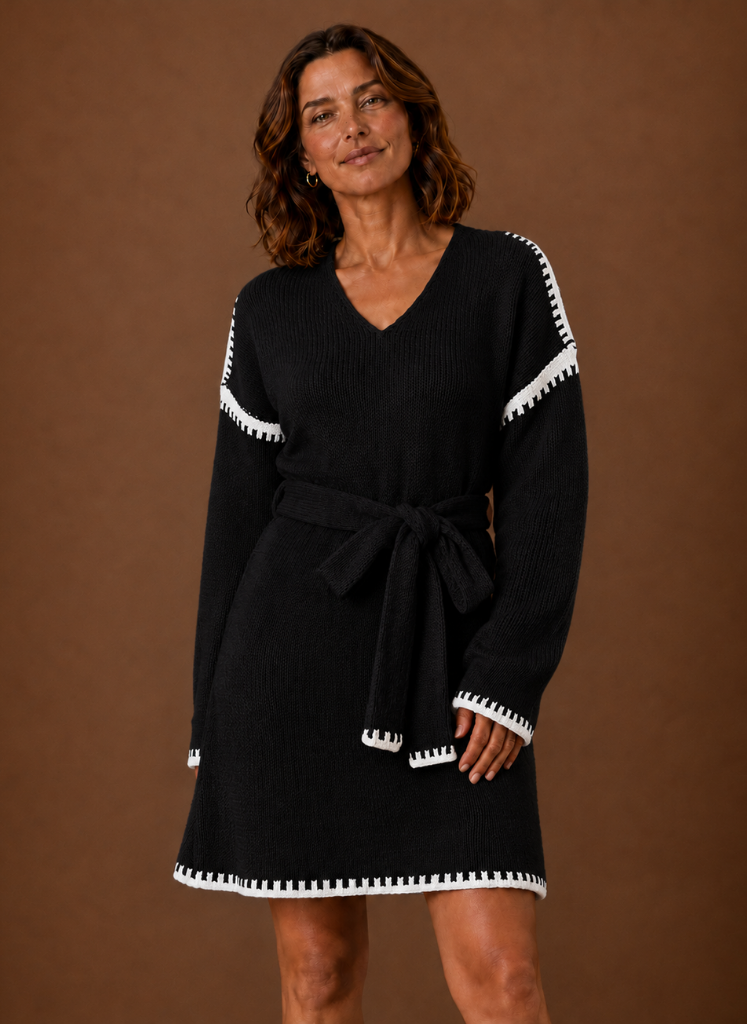 Céleste – Robe Pull Col V Ceinturée Femme