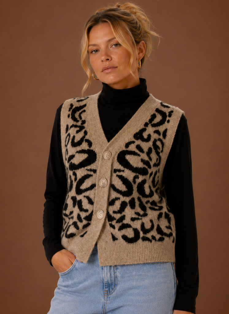 Safari – Pull Sans Manches Léopard Femme Col V