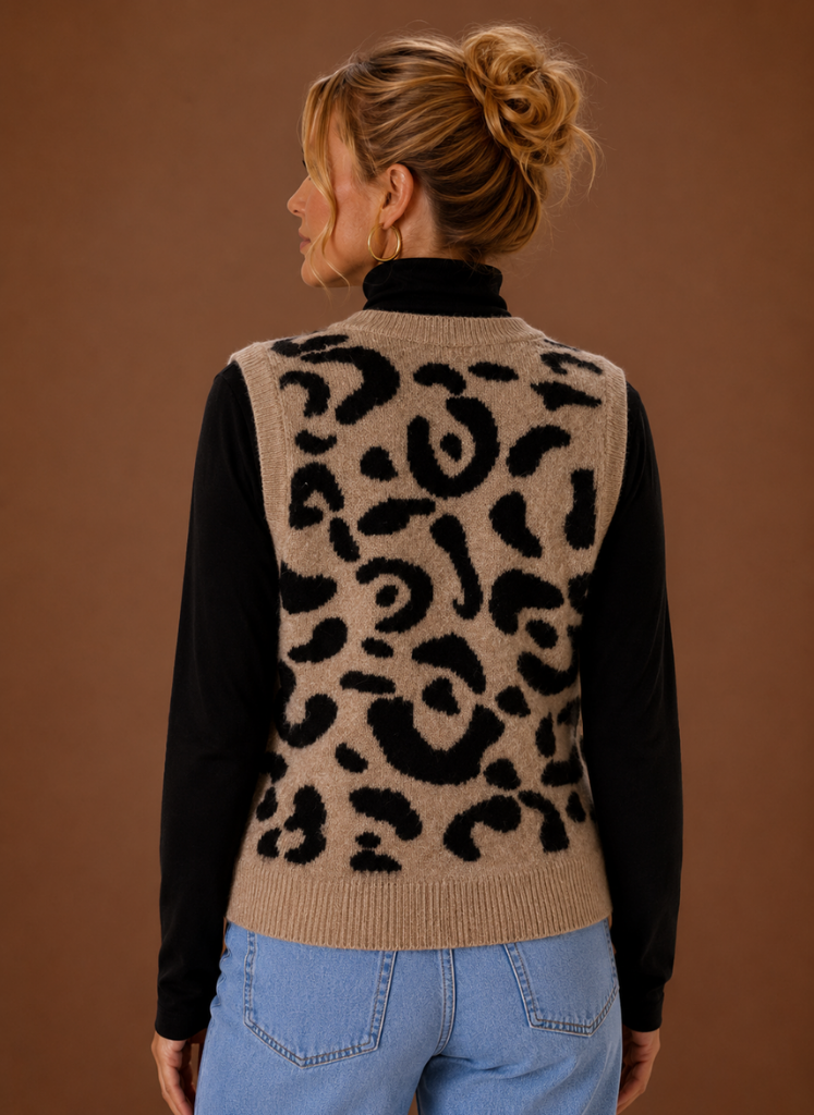 Safari – Pull Sans Manches Léopard Femme Col V