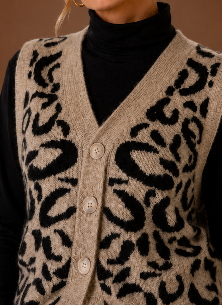 Safari – Pull Sans Manches Léopard Femme Col V