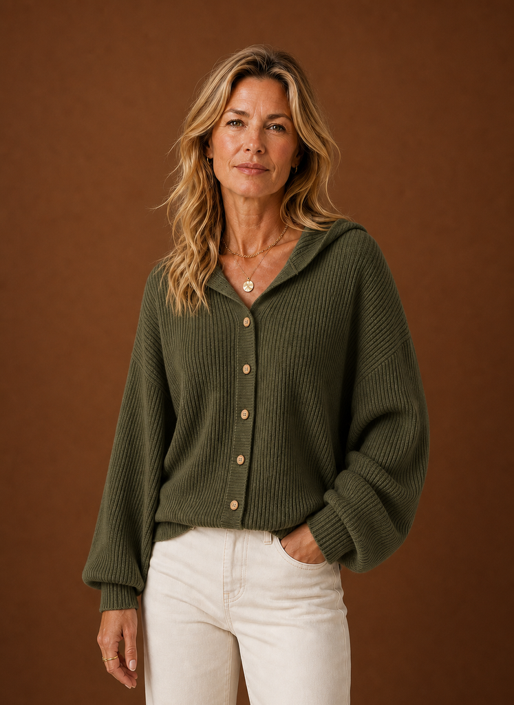 Lucie – Gilet à Capuche Maille Côtelée Femme Boutonné