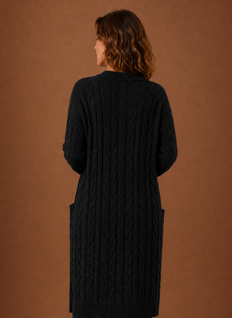 Chalet – Gilet Long à Capuche Maille Torsadée Femme