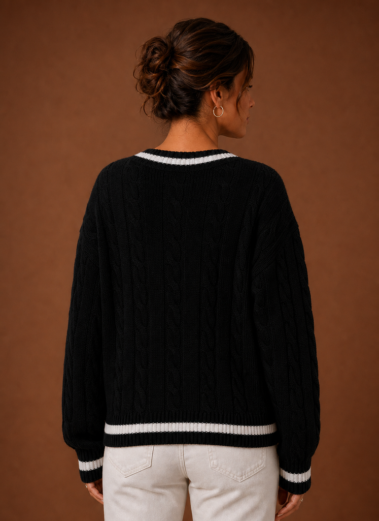 Marine – Pull Col V Maille Torsadée Femme