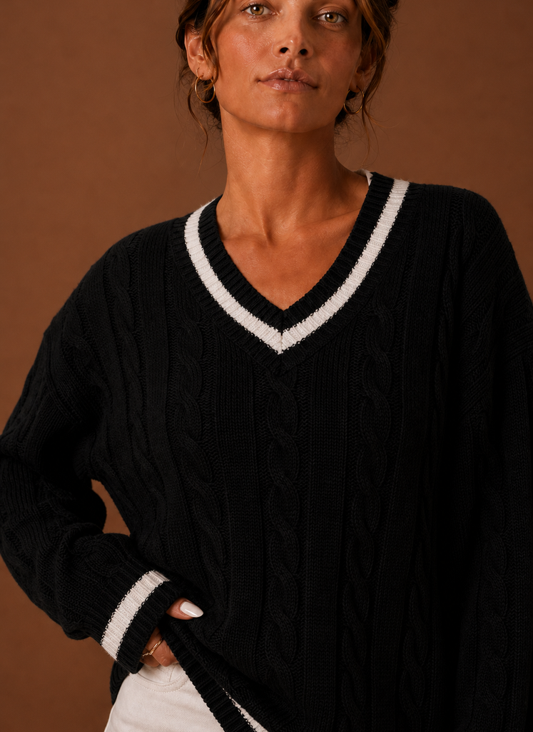 Marine – Pull Col V Maille Torsadée Femme