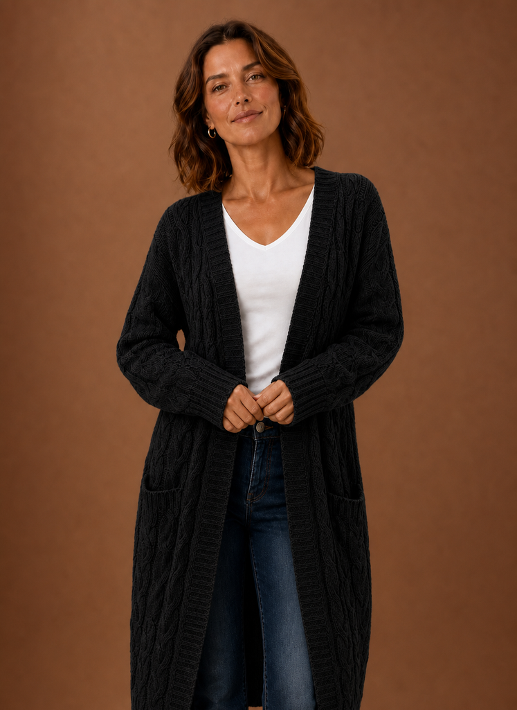 Chalet – Gilet Long à Capuche Maille Torsadée Femme