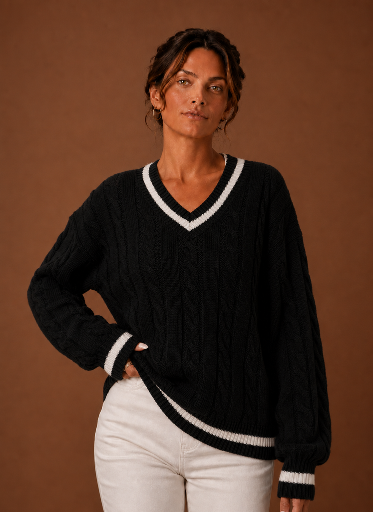 Marine – Pull Col V Maille Torsadée Femme