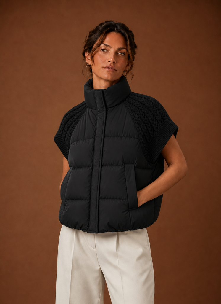Léa – Gilet Doudoune Sans Manches Femme Épaules en Maille
