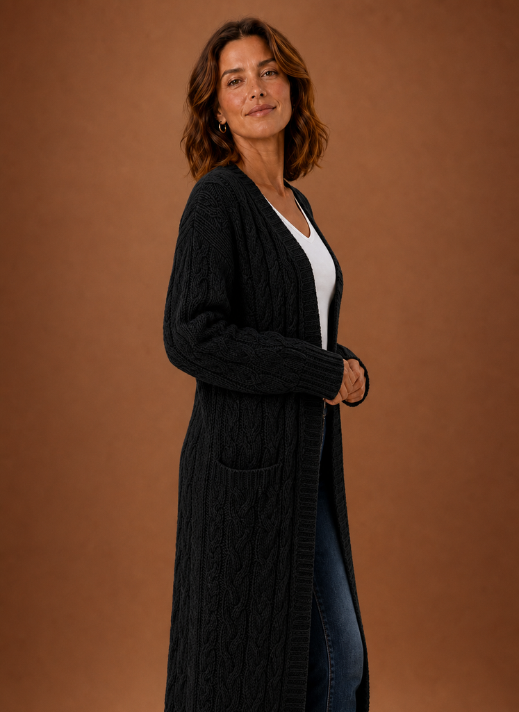 Chalet – Gilet Long à Capuche Maille Torsadée Femme