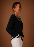Marine – Pull Col V Maille Torsadée Femme
