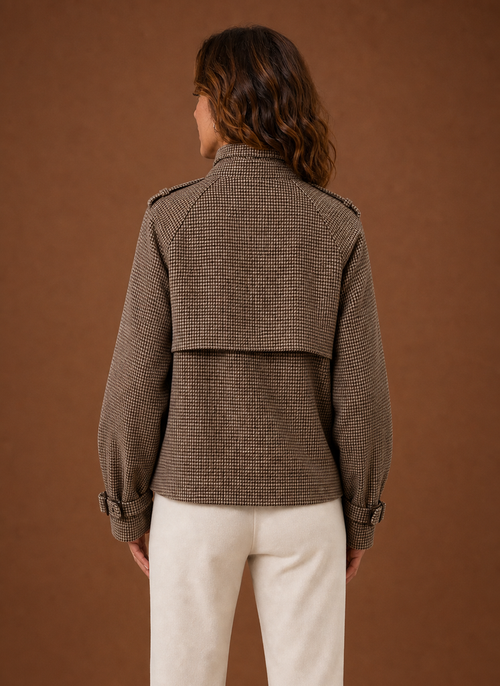 Blanche – Veste Courte à Carreaux Femme Col Cheminée