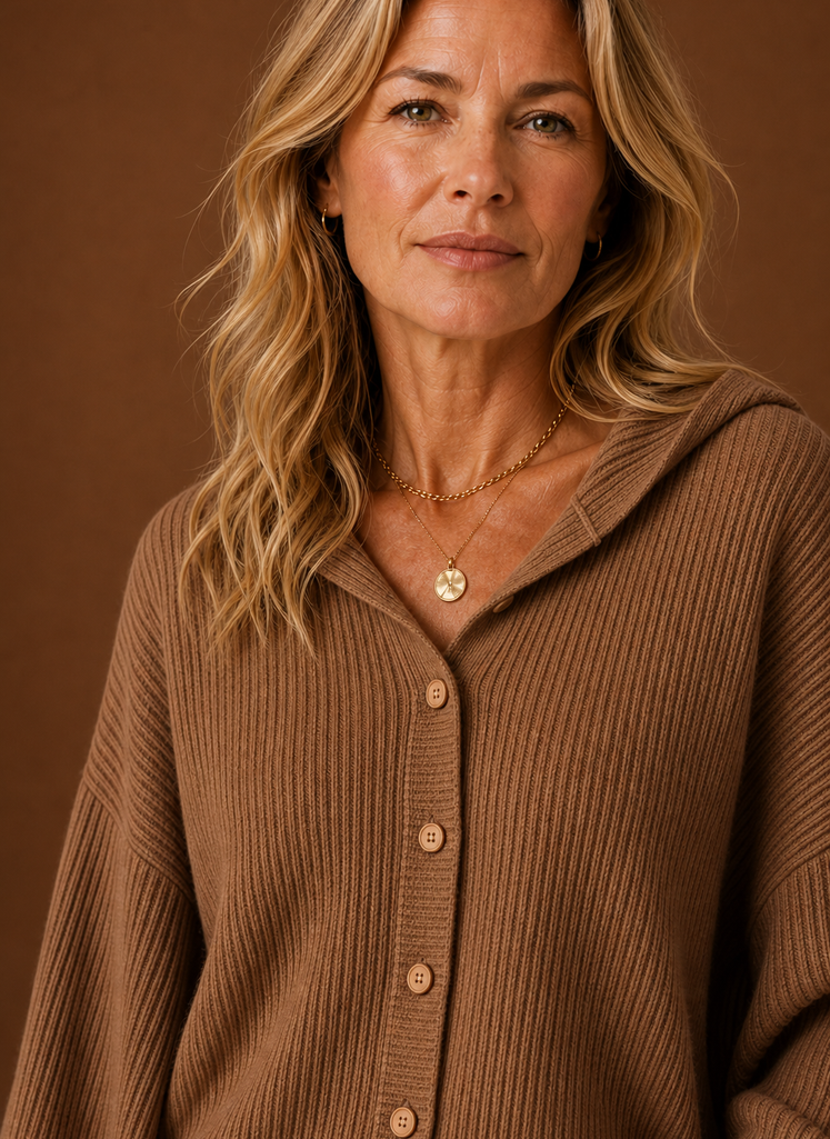 Lucie – Gilet à Capuche Maille Côtelée Femme Boutonné