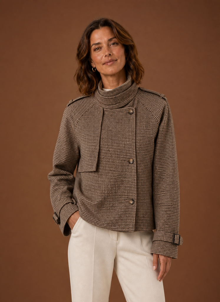 Blanche – Veste Courte à Carreaux Femme Col Cheminée