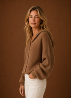 Lucie – Gilet à Capuche Maille Côtelée Femme Boutonné