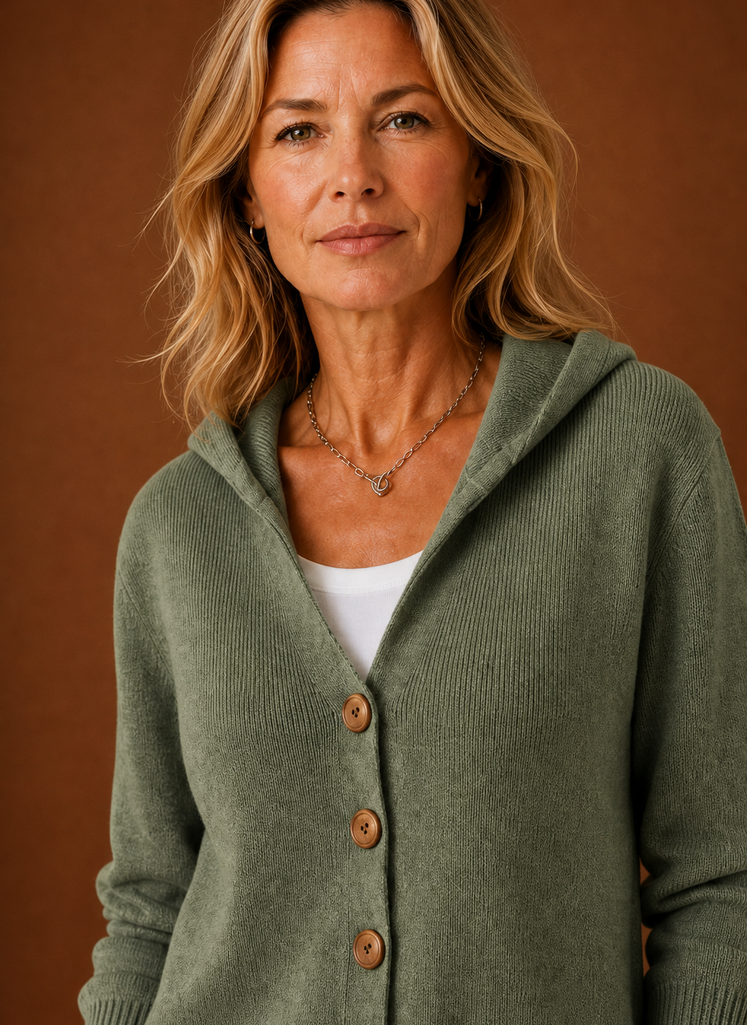 Mathilde – Gilet à Capuche Boutonné Femme en Maille