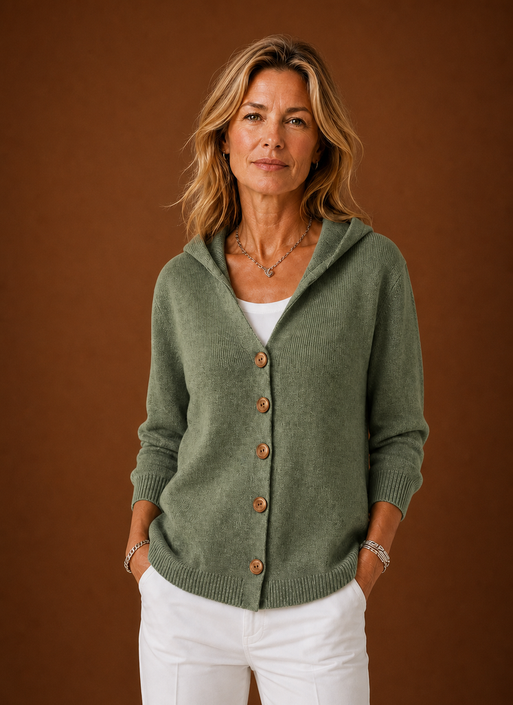 Mathilde – Gilet à Capuche Boutonné Femme en Maille