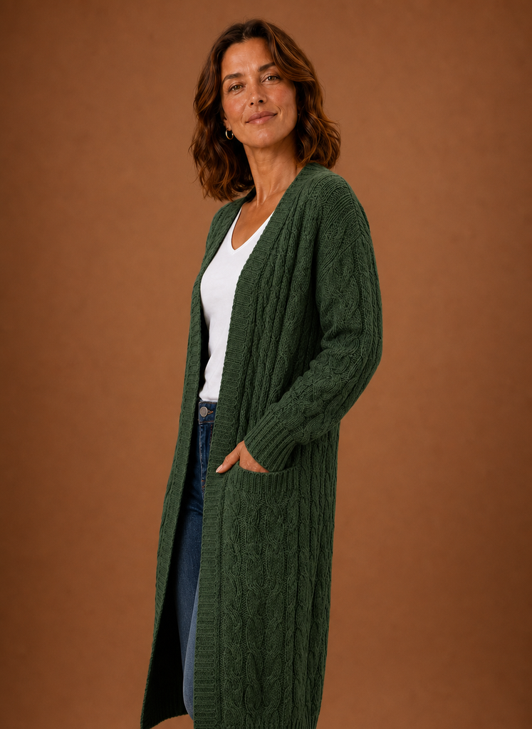 Chalet – Gilet Long à Capuche Maille Torsadée Femme