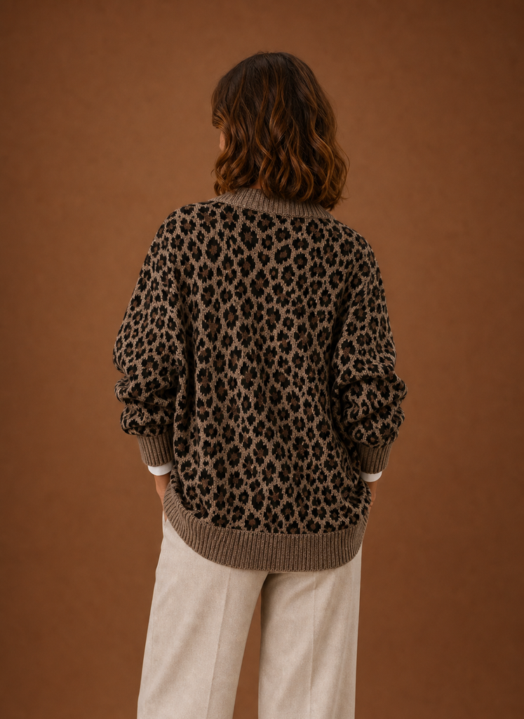 Jaguar – Gilet Léopard Col V Boutonné Femme