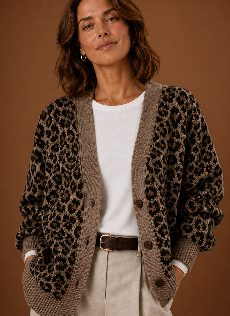 Jaguar – Gilet Léopard Col V Boutonné Femme