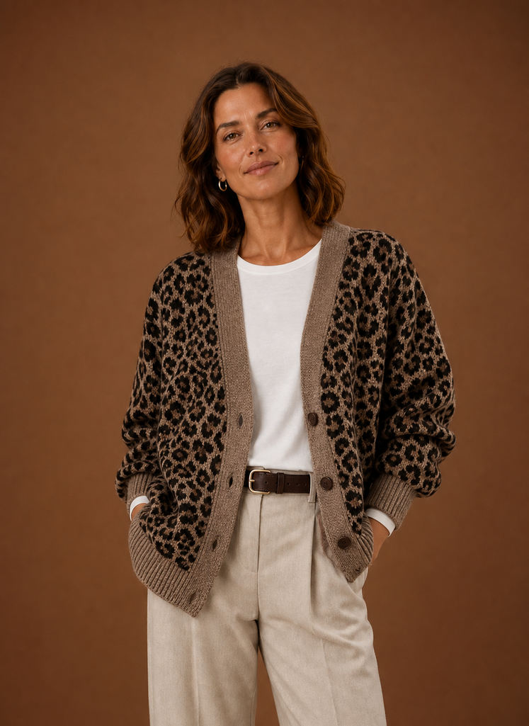 Jaguar – Gilet Léopard Col V Boutonné Femme