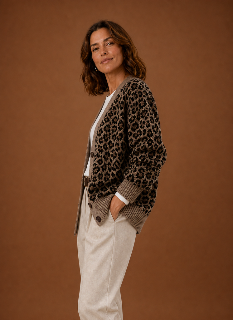 Jaguar – Gilet Léopard Col V Boutonné Femme