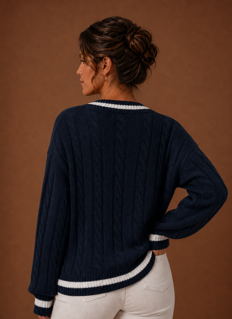 Marine – Pull Col V Maille Torsadée Femme