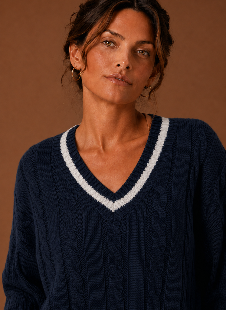 Marine – Pull Col V Maille Torsadée Femme