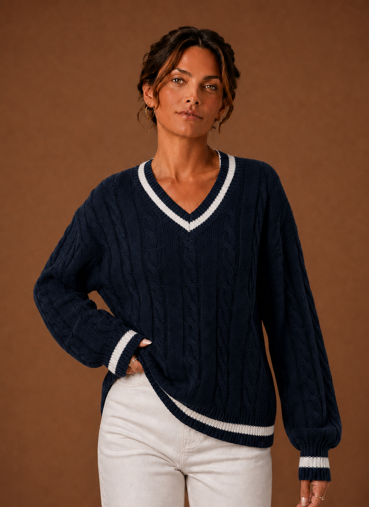 Marine – Pull Col V Maille Torsadée Femme