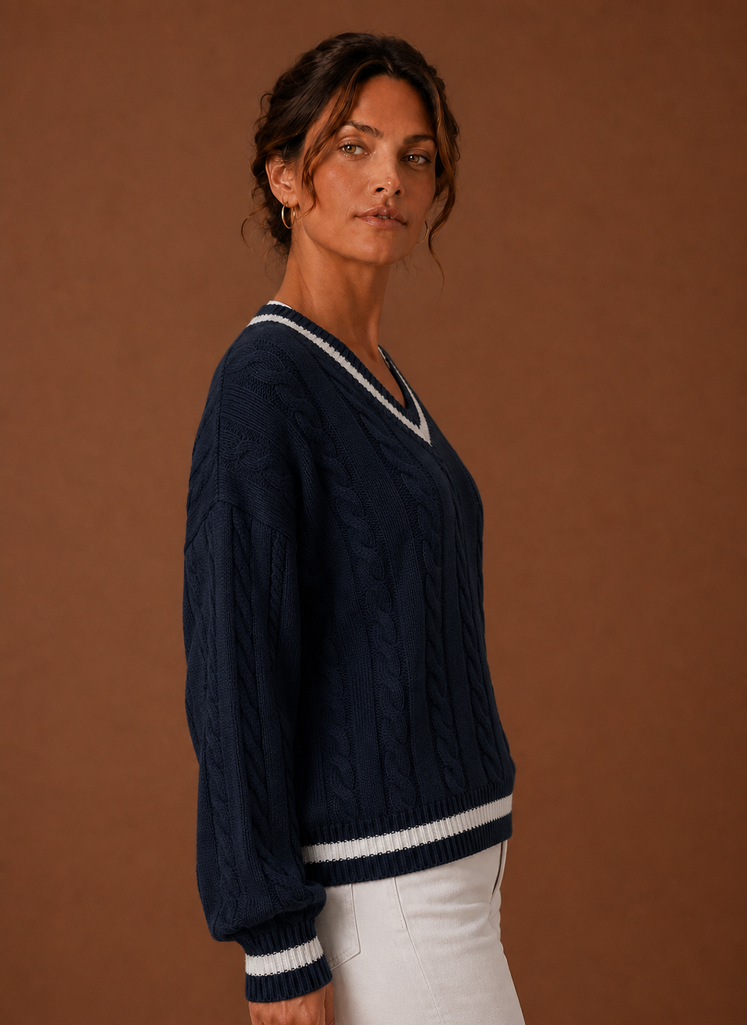 Marine – Pull Col V Maille Torsadée Femme