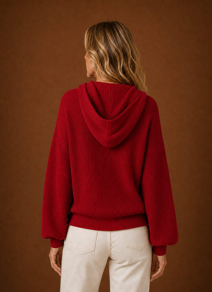 Lucie – Gilet à Capuche Maille Côtelée Femme Boutonné