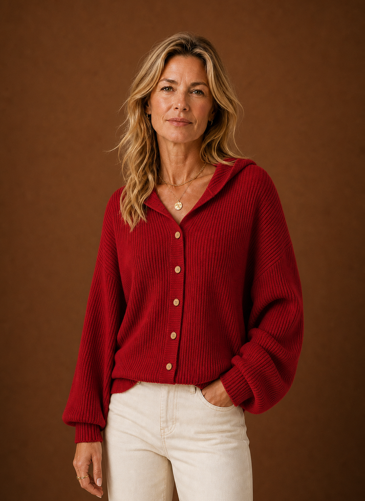 Lucie – Gilet à Capuche Maille Côtelée Femme Boutonné