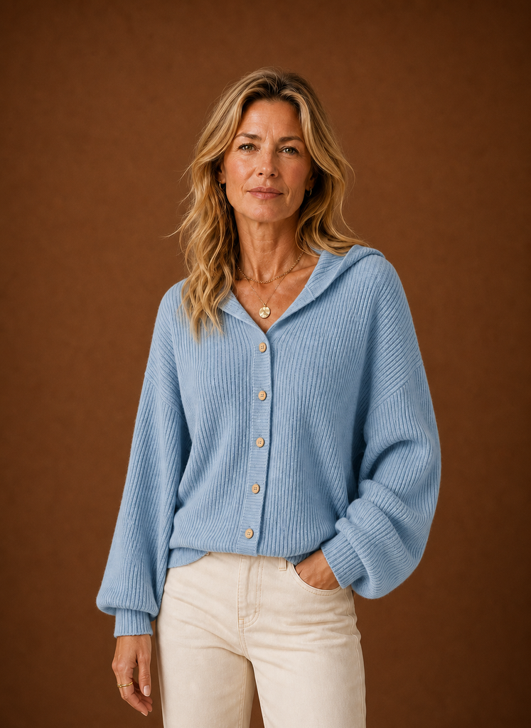 Lucie – Gilet à Capuche Maille Côtelée Femme Boutonné