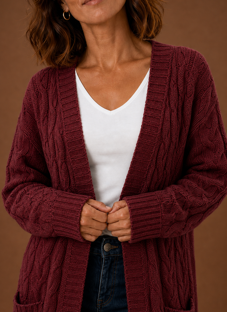 Chalet – Gilet Long à Capuche Maille Torsadée Femme