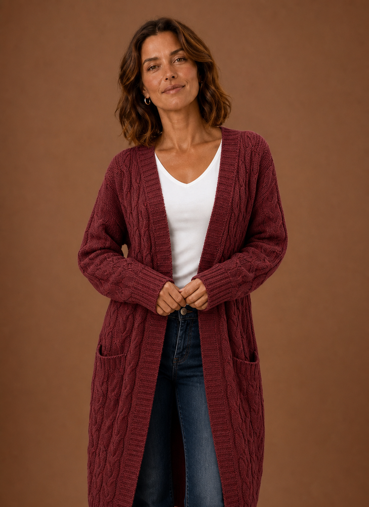 Chalet – Gilet Long à Capuche Maille Torsadée Femme
