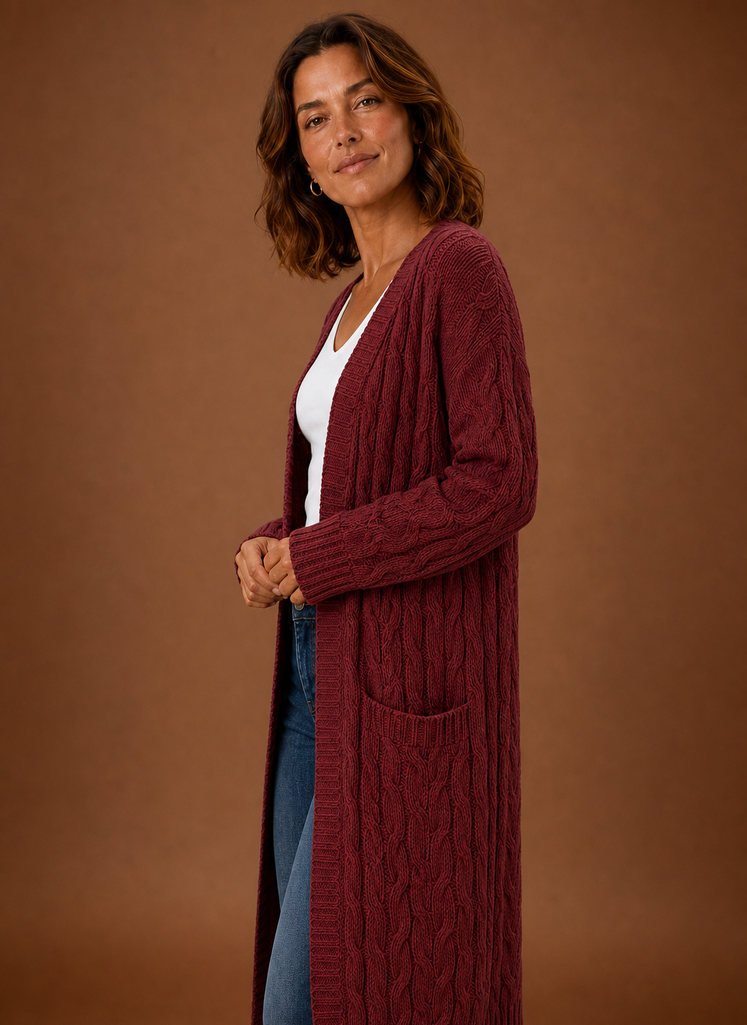 Chalet – Gilet Long à Capuche Maille Torsadée Femme