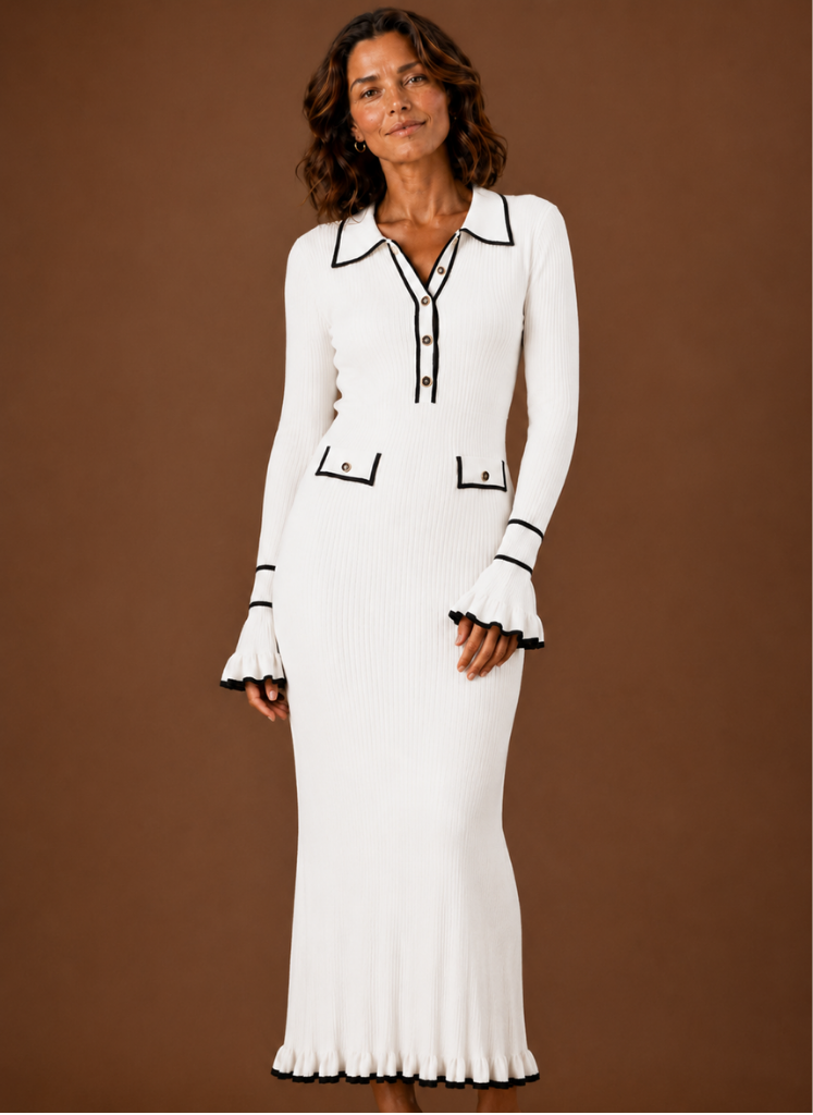 Eugénie – Robe Pull Longue Maille Côtelée Femme Col Polo