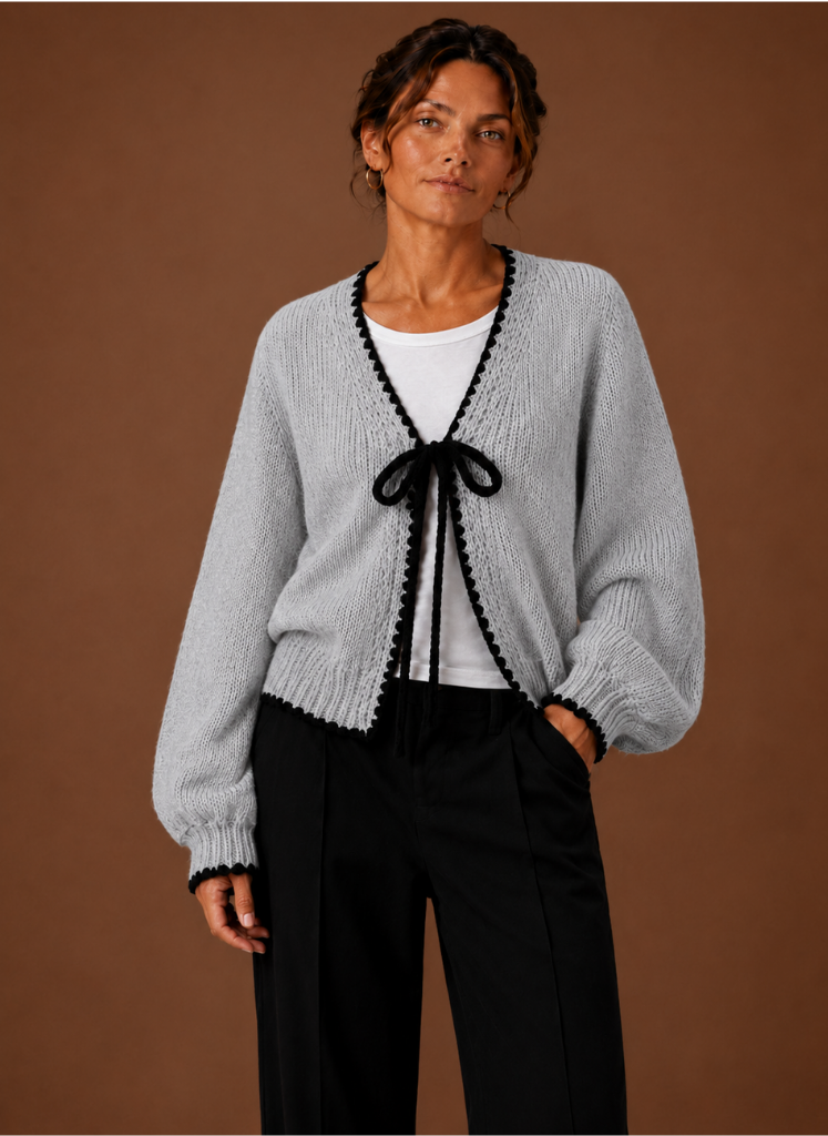 Rosalie – Gilet Bords Festonnés Femme Nœud Ruban